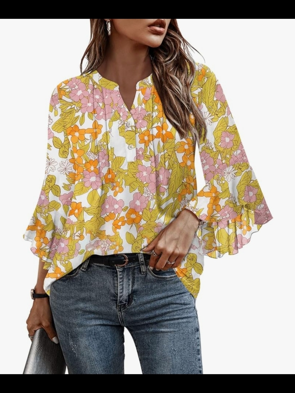 Floral V-Neck Ruffle Sleeve Blouse - White with Pink & Orange Floral Print